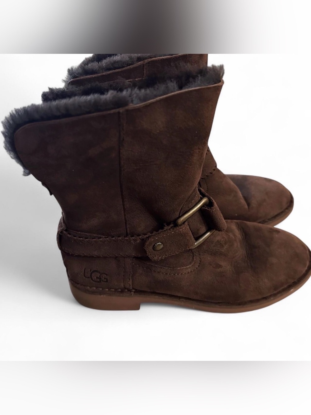 UGG Women's Dark Brown Suede Furry Ankle Boots Fall Casual Winter Cabin core